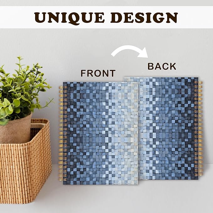 URLLUAE Navy Blue and White Checkered Notebook, Blue Grid Journal for Women Men, Abstract Aesthetic Cube Art Spiral Notebook Journals for Work School Office Supplies Gifts, 5.5x8.3 Inch