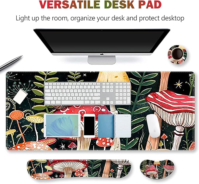 ARTSO Large Gaming Mouse Pad, Keyboard Wrist Rest Pad & Wrist Support Mousepad Set, Stitched Edge, Extended, Non-Slip Base, Memory Foam Desk Mat for Office, Home, Snail Mushroom