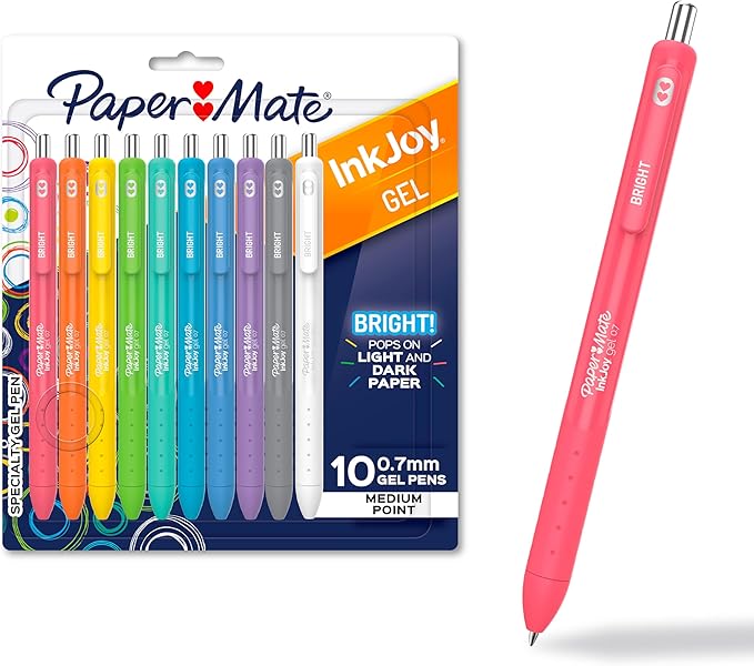 Paper Mate InkJoy Bright Pens, Gel Pens, Medium Point (0.7mm), Retractable, Assorted Brighter Colors, 10 Count