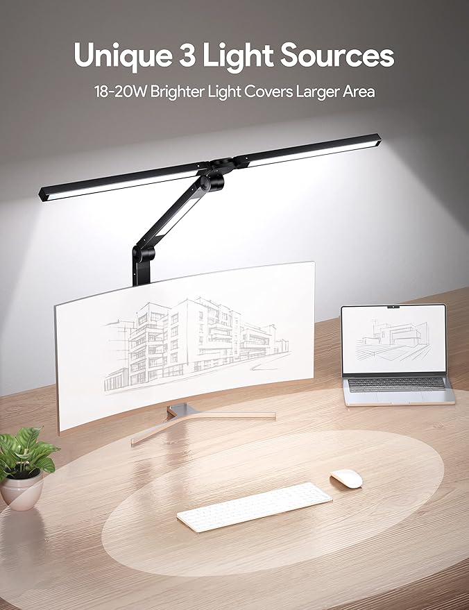 MediAcous LED Desk Lamp with Clamp, 20W 3 Lights Desk Light for Home Office, Flexible Swing Arm, Control Box, 4 Color Modes, 4 Brightness, Memory Function, Eye-Caring Clip on Lamp for Workbench