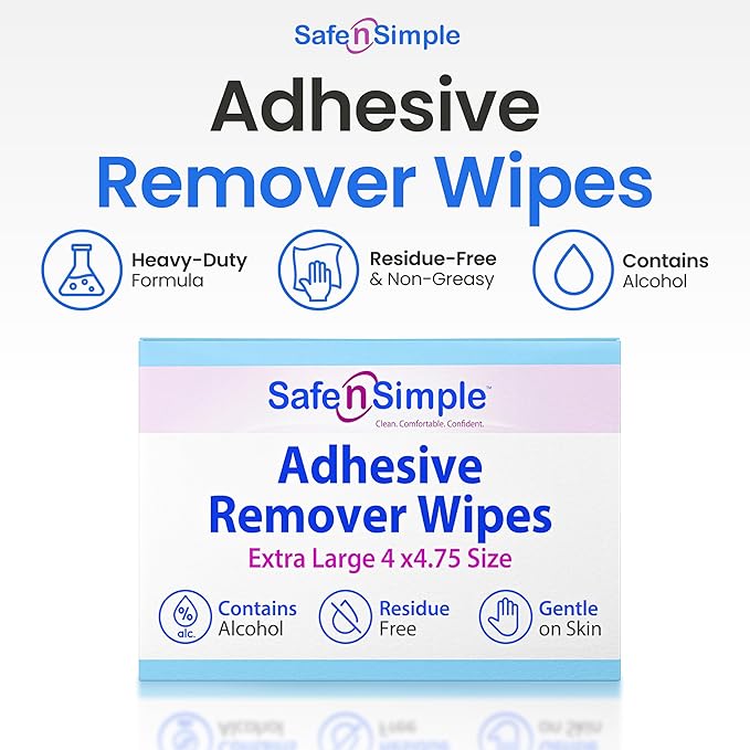 Safe n’ Simple Adhesive Remover for Skin - 50 Individually Wrapped Large 4"x4.75" Alcohol Adhesive Remover Wipes - Medical Isopropyl Alcohol Pads - Gentle Adhesive Removal Wipes for Bandages & Ostomy