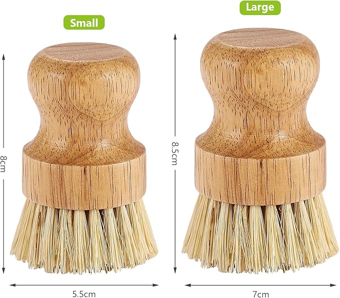 2er Pack Palm Pot Brush- Bamboo Round Mini Dish Brush Natural Scrub Brush Durable Scrubber Cleaning Kit with Union Fiber and Tampico Fiber for Cleaning Pots, Pans and Vegetables (B, L)