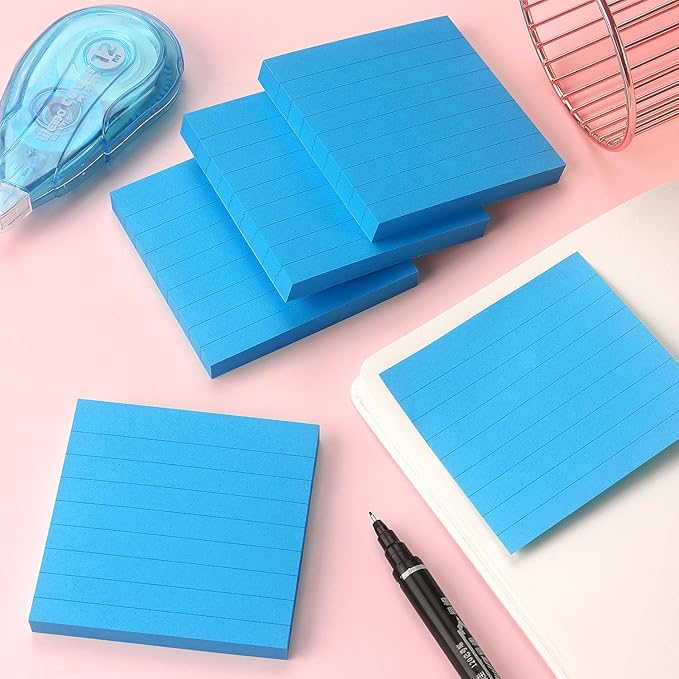 Lined Sticky Notes 3x3 Sticky Notes with Lines Self-Stick Notes Bright Color 4 Pads 90 Sheets/Pad (Blue)