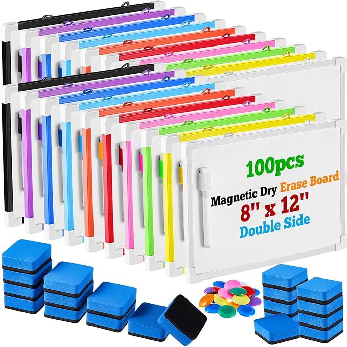 Colarr 20 Set Back to School Classroom Supplies Dry Erase Mini White Boards 8'' x 12'' Small Magnetic Whiteboard for Students Wall Hanging Double Side for Educational, 20 Eraser, 20 Markers, 40 Magnet