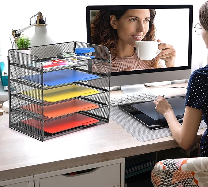 2 Sets 5-Tier Paper Organizer,Paper Tray Holder for Desk,File Holder/Sorter,Legal/Letter Size,A4,File Folder Shelf Organizer for Office,Home,Solid Steel,Mesh,Sturdy,Leakproof,Large Capacity