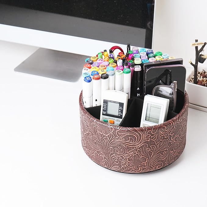 lizimandu Remote Control Holder, 360°Spinning PU Leather Desk TV Remote Caddy,Desk Storage Box Room Accessories for Controller, Media,Mail,Calculator, Mobile Phone,Pencil(1B-Carved Cooper Red)