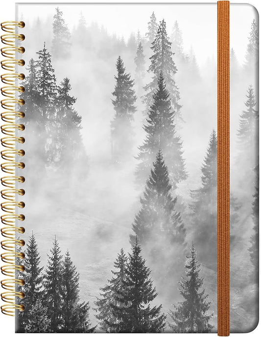 Ruled Spiral Writing Notebook,A5 Hardcover Lined College Journal for Women,Strong Twin-Wire Binding with Premium Paper,8.4" X 6",Perfect for School,Office,Home(Black White Forest)