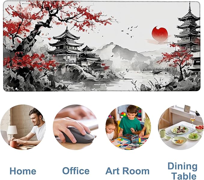 Oriental Painting Gaming Mouse Pad 3mm Thick Stitched Edge Waterproof Non-Slip Large Computer Keyboard Mouse Mat,Suitable for Office Entertainment Decorative Desk Pad 35.4 x 15.7 Inches