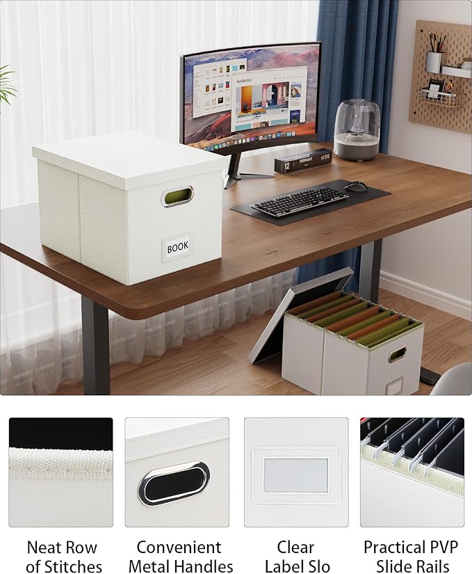 Oterri File Organizer Box,Filing Box with Lid,File Box for Letter/Legal File Folder Storage, Portable Hanging File Box for Office/Decor/Home,1 Pack, White(Leather),Box only