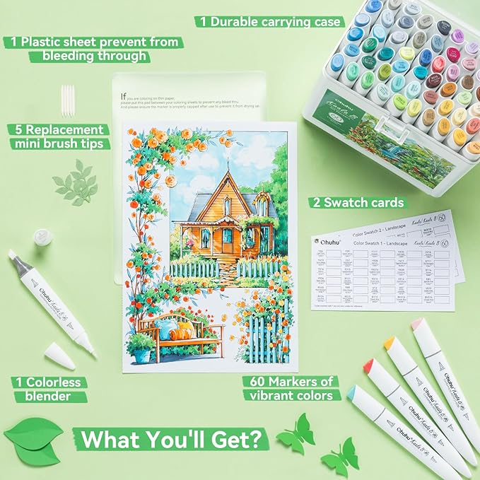 Ohuhu Alcohol Markers: Mini Brush & Slim Broad 60 Landscape Colors Dual Tip Brush Tip Alcohol-based Art Marker for Artists Adults Coloring Illustration- Refillable - Kaala B Series of Ohuhu Markers