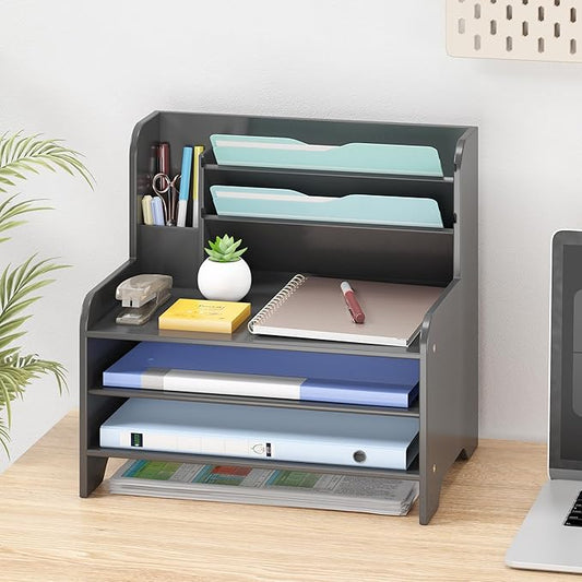 Bamboo Desk Organizer Mail Holder Countertop Letter Tray File Desktop Mail Holder Countertop Organizer for Desktop Letter Sorter Paper File Storage for School Home Office Supplies