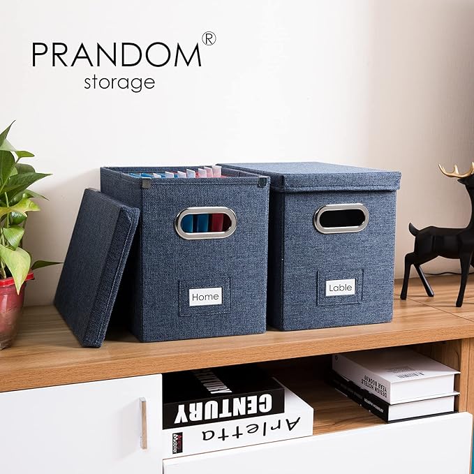PRANDOM File Organizer Box - Set of 4 Collapsible Decorative Linen Filing Storage Hanging File Folders with Lids Office Cabinet Letter Size Navy Blue (14x9.3x10.8 inch)