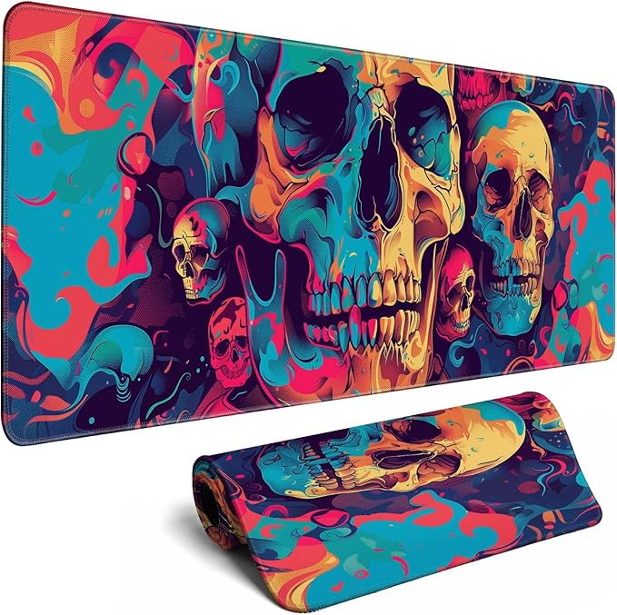 Desk Mat Psychedelic Desk Accessories Skulls Extended Gaming Mouse Desk Pad Decorations for Office Keyboard Mousepad Mat31.5x11.8in, Stitched Edge Non-Slip Bottom Large Mouse Pad