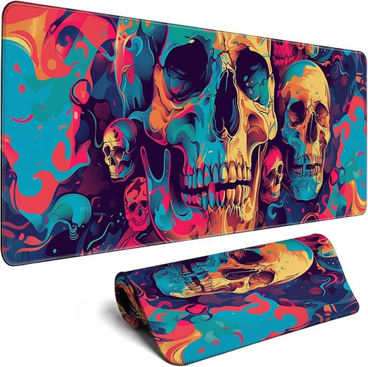 Desk Mat Psychedelic Desk Accessories Skulls Extended Gaming Mouse Desk Pad Decorations for Office Keyboard Mousepad Mat31.5x11.8in, Stitched Edge Non-Slip Bottom Large Mouse Pad