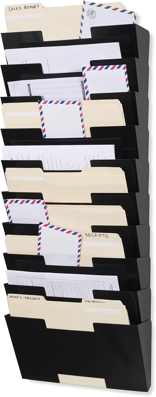 Wallniture Lisbon 10-Tier Wall Mounted File Holder and Desk Organizer, Metal Black Office Organization and Storage Rack