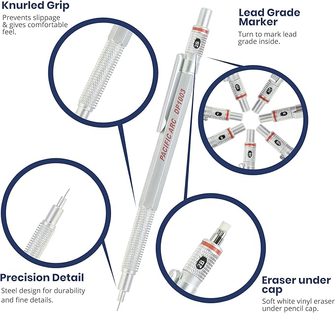 Pacific Arc Chromagraph Metal Mechanical Pencil .3 mm Silver Barrel Mechanical Pencil with Built In Lead Pencil Grade Indicator, Lead Pencil Holder for Drafting, Sketching, and Drawing