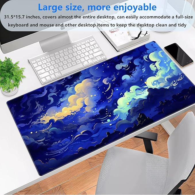 XL Desk Pad Mat (31.5"x15.7") - Kawaii Dark Blue Clouds Sky Aesthetic, Non-Slip Gaming Mouse Pad with Stitched Edges, Cute Office Decor
