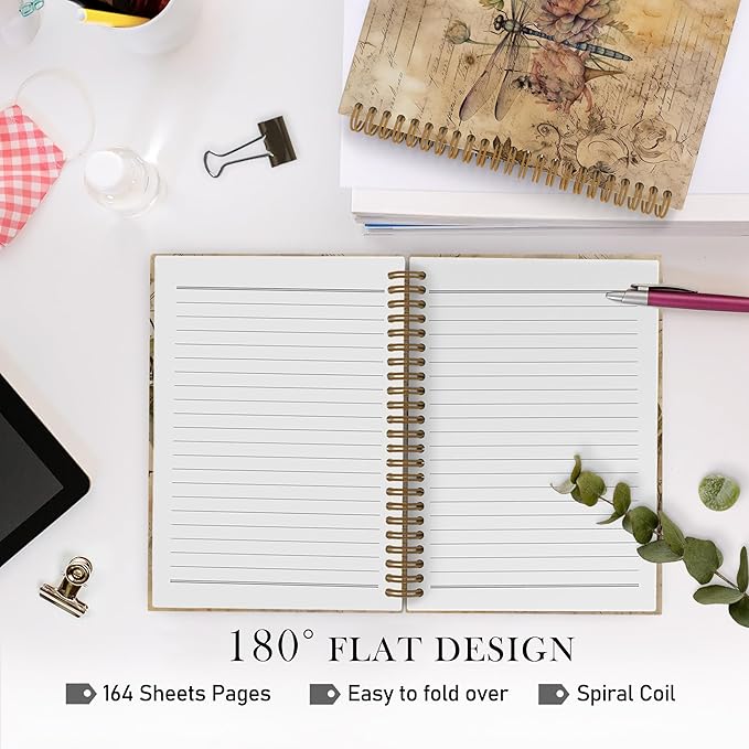 Dragonfly Flower Spiral Notebook, Dragonfly Gifts for Women, Vintage Dragon Fly Journal Notebook, Dragonfly Notebooks for School Work, Dragonfly Office Supplies Gifts for Women Men, 5.5x8.3 Inch