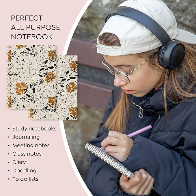 Boho Floral Botanical Journal Notebooks, Gold and Black Flower College Ruled Notebooks for Note Taking, Wildflower Journal Journaling, Spiral Notebook 5.5x8.3