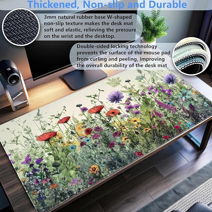 Boho Floral Desk Pad Watercolor Flowers Desk Mat XL Large Gaming Mousepad Extended Aesthetics Laptop Computer Keyboard and Mouse Pad Office Desk Decor for Women 31.5 x 15.7 in