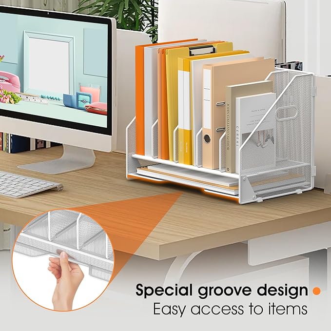 Desk File Folder Holder Organizer-5 Vertical Compartments Racks and Paper Letter Tray,Mesh Magazine File Holder Sorter,Desktop Accessories & Workspace Organizers for Home,Office,School-White