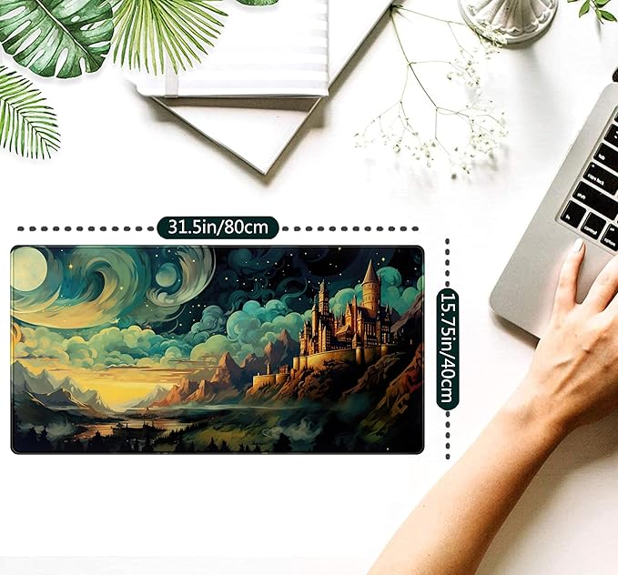 Cool Aesthetic Castle Mouse Pad Desk Pad Cute Cloudy and Starry Desk Mat, Office Desk Decor Anime Mousepad Laptop Keyboard and Mouse Mat, XXL Large Extended Gaming Deskmat for Girl 31.5x15.75 in