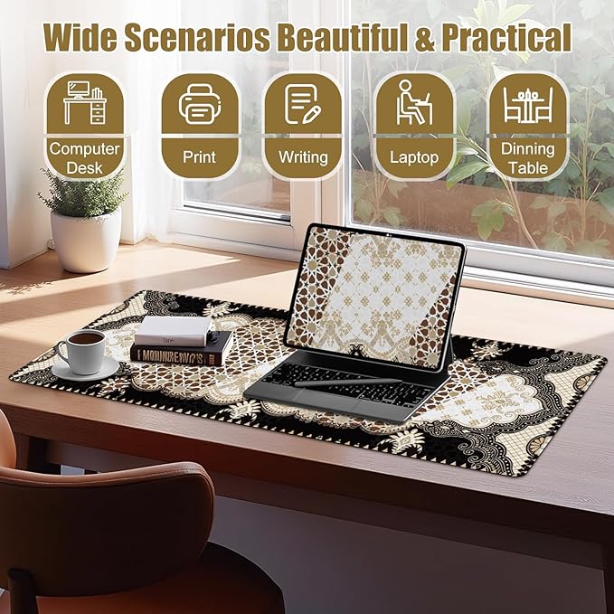 Large Mouse Pad, Desk Mat for Desktop, DeskPad Matt, XXL Big Mouse Pad for Desk, Anti-Slip Mousepad with Stitched Edges, Keyboard Pad Mouse Mat Cover for Computer PC 35.4×15.7 Inchs, Brown Rug Retro