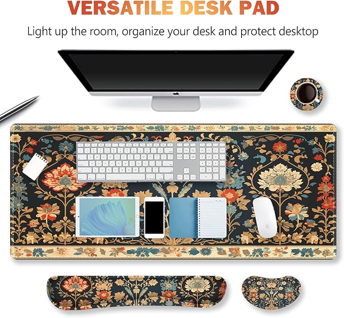 ARTSO Desk Mat Set - Extended Gaming Mouse Pad with Wrist Rest Support + Keyboard Wrist Rest + Large Coaster, Retro Flower Plant