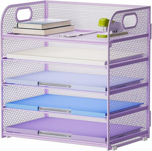 Marbrasse Paper Organizer Letter Tray, 5 Tier Mesh File Organizer with Handle, Paper Sorter Desk Organizer for Home Office Supplies - Purple