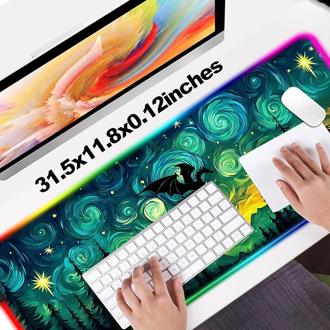 RGB Fantasy Starry Night Forest and Dragon Gaming Desk Mat, Computer Keyboard Large Extended Long LED Mouse Pad for Office and Home, XL (W05)