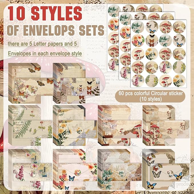 TaoBary 160 Pcs Stationery Paper Set 50 Double Sided Stationery Papers with 50 Matching Envelopes and 60 Round Dot Sticker, 10 Design(Nature Vintage Style,8.5 x 11 Inch)