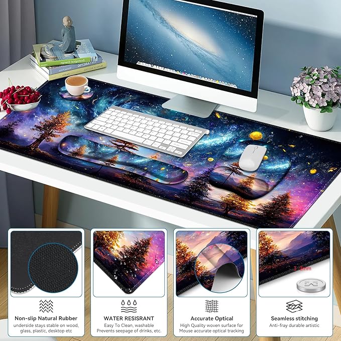 4 in 1 Large Mouse Pad, Keyboard Wrist Rest Set, Ergonomic Mouse Pad with Wrist Support, Desk Mat with Stitched Edges，Extended Desk Pad Waterproof Desk Mat for Home Office Game I Colorful World