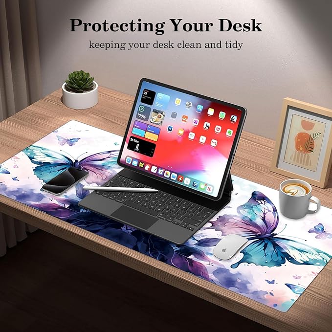 Butterfly Desk Pad Protector, Stitched Edges Mouse Pad, Large Office Desk Mat, Non-Slip Desk Blotter, Laptop Desk Pad, Desk Writing Pad for Office and Home (XXL)