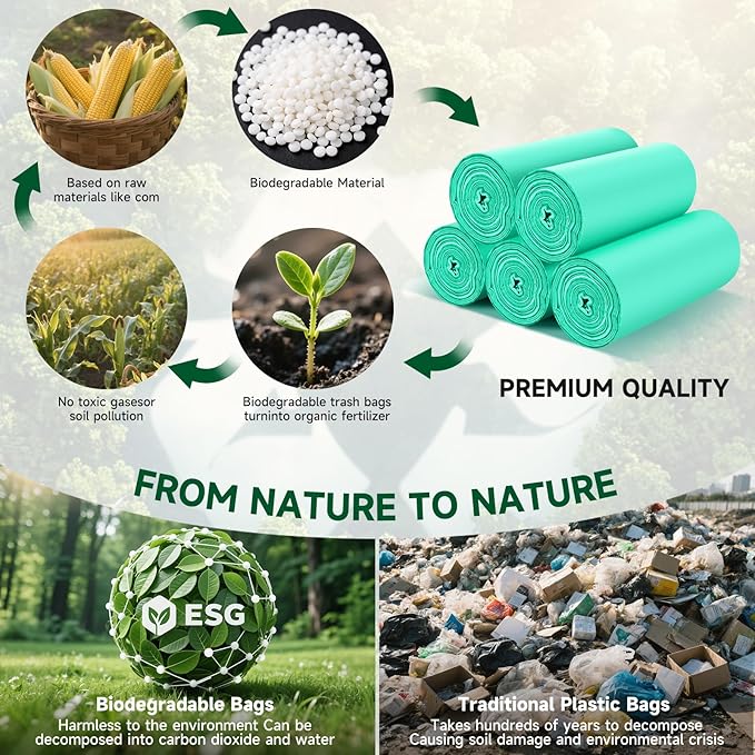 Small Bathroom Trash Bags 4 Gallon - 4 Gal Mini Garbage Bags Green 15 Liter 100 Count Unscented Biodegradable Compostable Waste Basket Kitchen Office Liners Strong Thick Bulk Heihaily