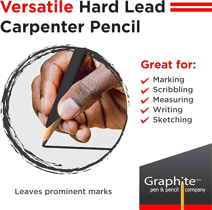 GRAPHITE Hard Lead Carpenter Pencils Bulk - (1) Pack of 12 Pieces Lumber Wooden Pencil #2 (HB) - Black