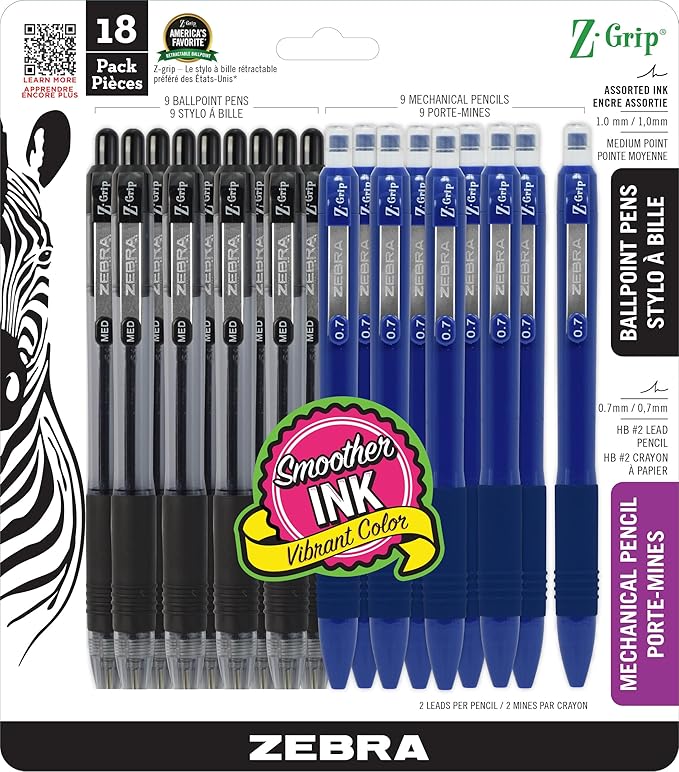 Zebra Pen Z-Grip Writing Set, Retractable Ballpoint Pens and Mechanical Pencils, Medium Point, #2 HB Lead Pencils, Black Ink, School Supplies, Teacher Supplies and Office Supplies, 18-Pack (24218)
