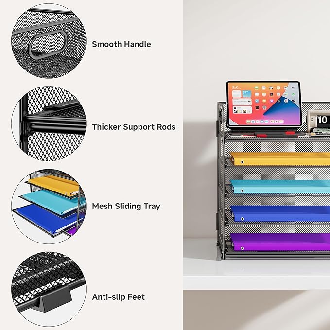 5 Tier Paper Organizer with Handle, Metal Mesh Desk Organizer File Folder Paper Letter Tray Desktop Document Sorter for Classroom, School, Office Accessories Organization and Storage - Black