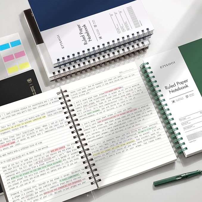 EMSHOI B5 Spiral Notebook College Ruled Lined Journal, Large 7.48" X 10.15", 300 Pages/150 Sheets, 100gsm Thick Paper, Waterproof Hardcover, for Office School Women Men Work Writing Notes, Coffee
