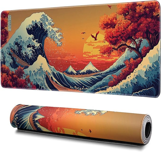 Japanese Gaming Mouse Pad Abstract Red Mouse Pad 31.5x11.8 Inch Red Sea Wave Texture Non-Slip Rubber Base Large Ocean Mousepad Stitched Edges Keyboard Mouse Mat Desk Pad for Office and Home