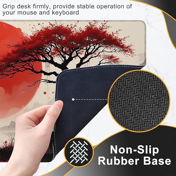 Gaming Mouse Pad, Japanese Cherry Blossom Samurai Large Desk Mat for Keyboard and Mouse,Non-Slip Rubber Base and Stitched Edges Desk Pad for Home Office 35.4x15.7in
