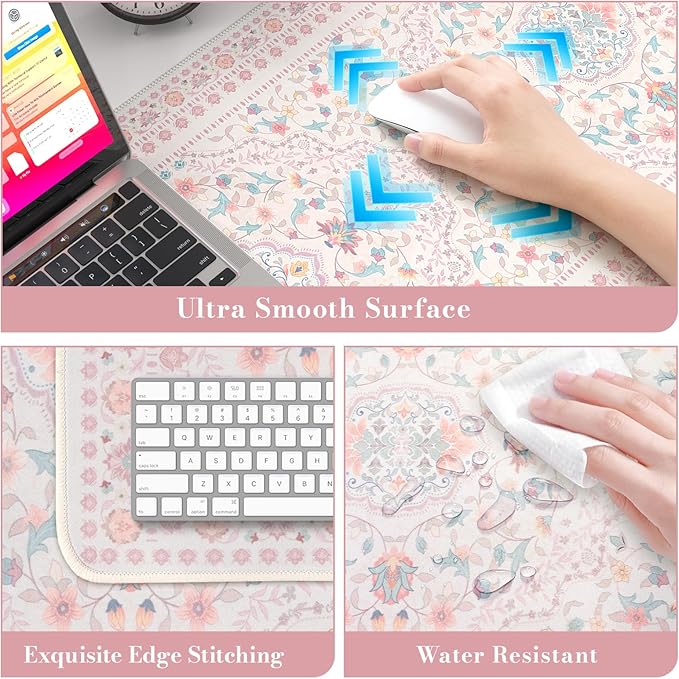 HAOCOO Pink Desk Mat, Non-Slip Office Table Mat, Aesthetic Mouse Pad with Stitched Edge, 35.4" x 15.7" Long Mouse Pad, Waterproof Dorm Desk Mat for Writing, Drawing
