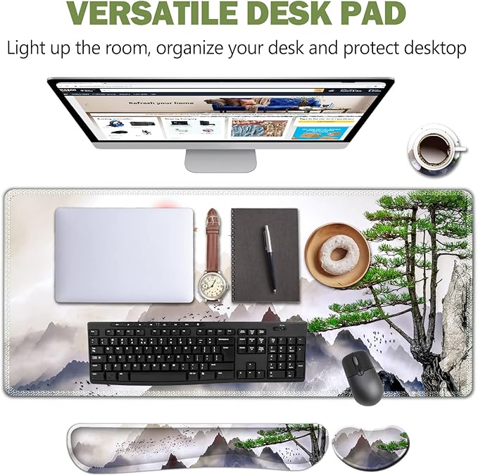 AIMSA Large Gaming Mouse Pad Set, Keyboard Wrist Rest Support + Extended Mouse Pad + Mouse Wrist Cushion + Coaster, Ergonomic Memory Foam Desk Mat 35x15.7in Anti-Slip Base (Pine Tree Mountains)