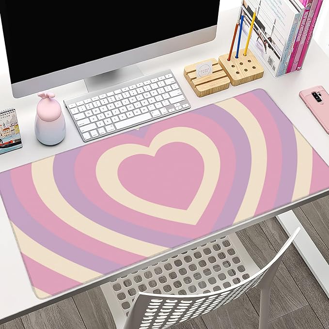 Desk Pad, Cute Retro Hearts Pattern Extended Large Gaming Mouse Pad for Desk XXL, Large Desk Mat for Desktop with Non-Slip Rubber Base Stitched Edges for Computer Keyboard Home Office 35.4"X15.7"