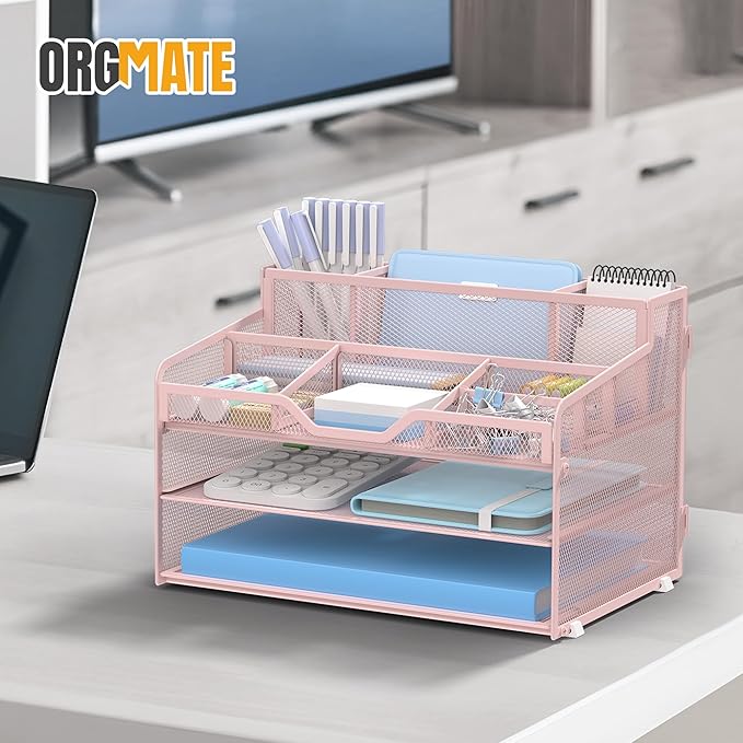 3 Tier Mesh Desk Organizer,Multi Functional Letter Paper Tray with 3 Pen Holders and 5 Adjustable Storage Compartments for Office Supplies Files and Mail Space Saving Desktop Organizer-Pink