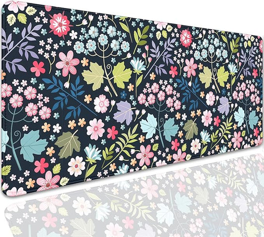 Maple Leaf and Flowers Desk Pad Mouse Pad,Large Floral Mouse Mat with Stitched Edges,Non-Slip Rubber Base Elegant Mousepad for Office PC Keyboard Laptop and Home Work Desk Mat(27.5X11.8 in)