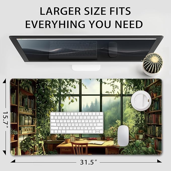 Green Library Study Room Large Gaming Mouse Pad 31.5"x15.7"｜XXL Desk Mat, Non-Slip Rubber Base & Stitched Edges - Extended Waterproof Mousepad for PC/Laptop/Office/Home Decor