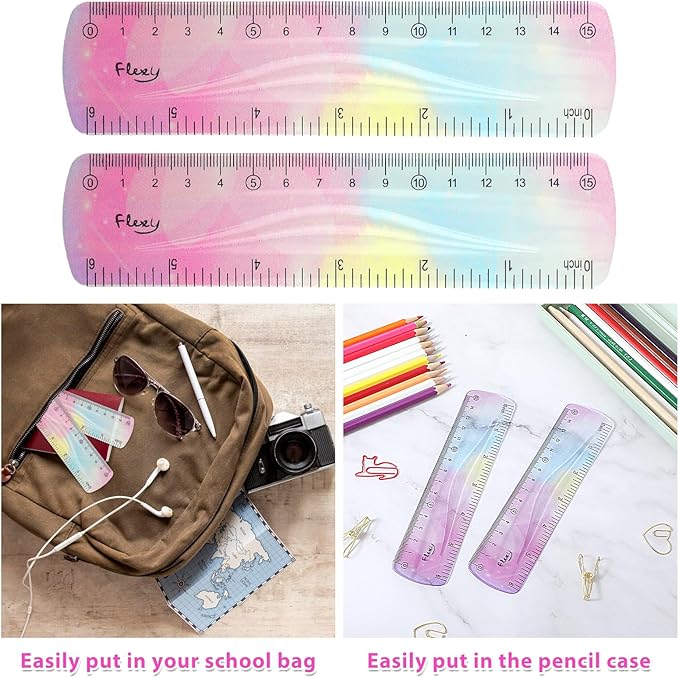 2Pcs Soft Flexible Ruler, Mabor 6Inch Bendable Ruler Plastic Bend Ruler with Centimeters and Inches Colorful Straight Ruler for Kids Student Home School Office Supplies