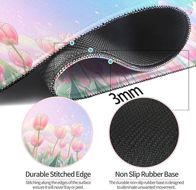 Pink Flower Tulips Gaming Desk Mat, Computer Keyboard Large Extended Long Floral Mouse Pad for Office and Home, XL (W30)