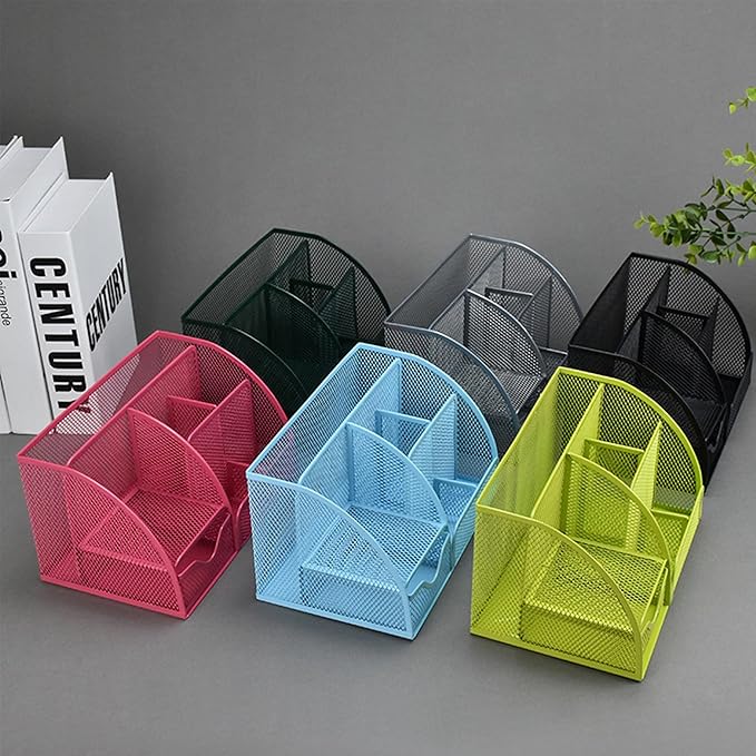 Black Mesh Pen Holder and Organizer Office Supplies with 7 Compartments, Desktop Organizer with Drawer, Metal Pen Holder for Desk, ‎9.1" x 5.9" x 5.5''