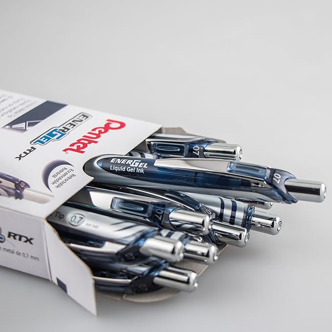 Pentel EnerGel RTX Retractable Liquid Gel Pen, (0.7mm) Metal Tip, Medium Line, Navy Blue Ink, 12 pack (BL77-CA)